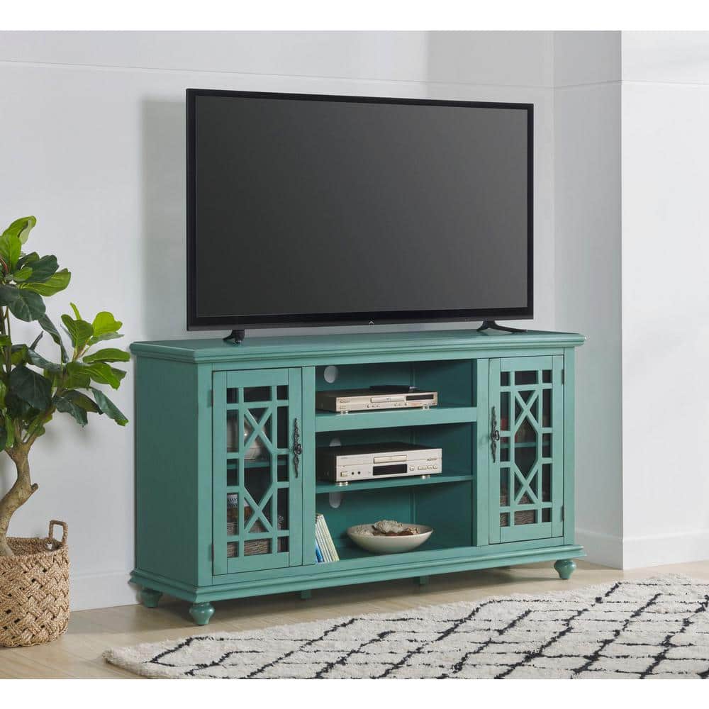 Antique Teal Transitional 2-Door TV Stand with Cabinet