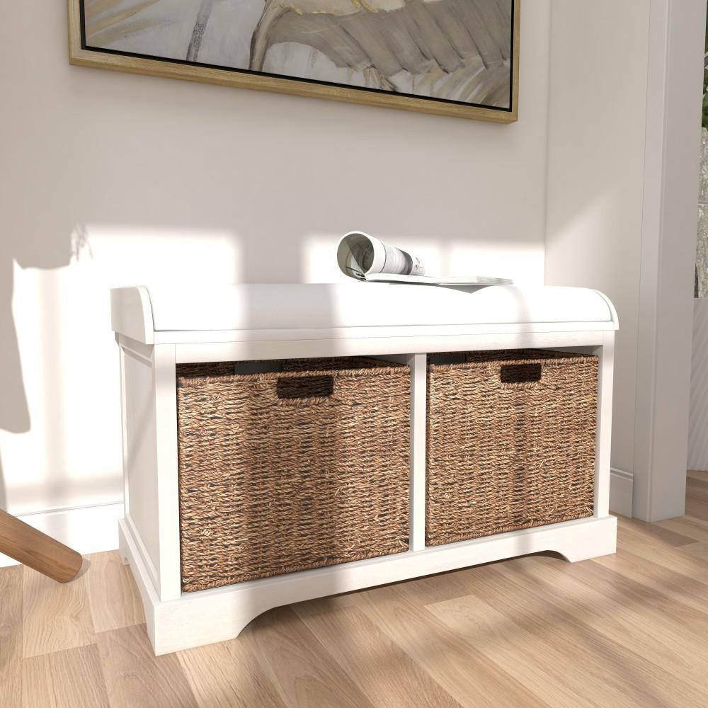 Elegant White Linen Cushioned Storage Bench with Wicker Baskets