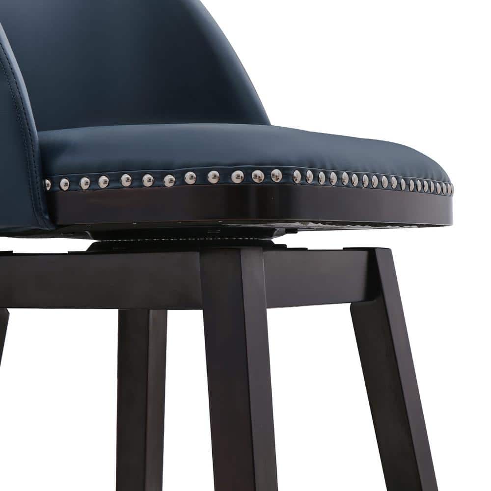 Navy Blue Wood Frame Swivel Counter Stools with Faux Leather, Set of 2
