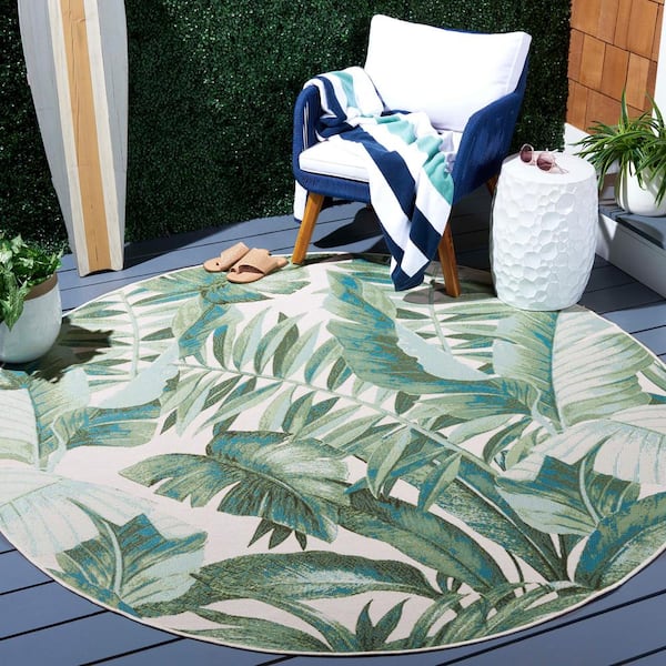 Barbados Green/Teal 7 ft. x 7 ft. Round Multi-Leaf Tropical Indoor/Outdoor Area Rug