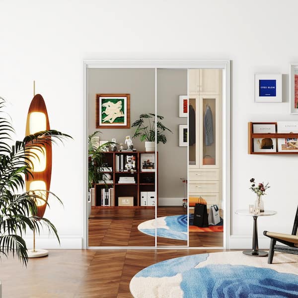 60 in. x 80 in., White Double Mirrored 1-Panel Glass Aluminum Frame Sliding Door