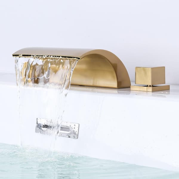 Waterfall 2-Handle Deck Mounted Roman Tub Faucet 3 Hole, Bathtub Shower Faucet with Dual Handle in Gold