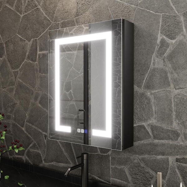 ExBrite ShineX 20 in. W x 26 in. H Rectangular Black Aluminum Recessed/Surface Mount Right Medicine Cabinet with Mirror LED