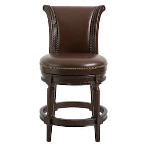Chapman 26 in. Distressed Walnut High Back Wood Swivel Counter Stool with Brown Faux Leather Seat, 1-Stool