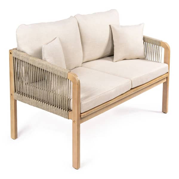 Arwen Modern Bohemian Roped Acacia Wood Outdoor Loveseat Beige/Light Teak with Cushions