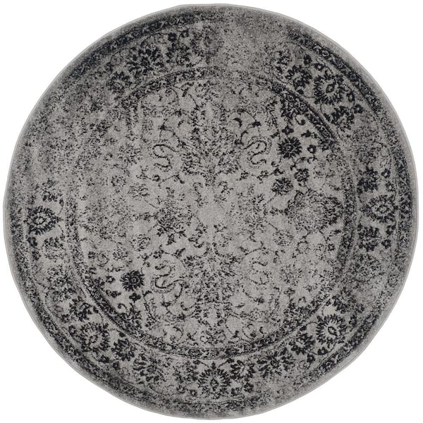Adirondack Gray/Black 12 ft. x 12 ft. Border Distressed Round Area Rug