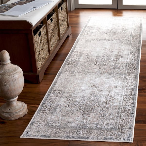 Orlando 2 ft. x 8 ft. Taupe/Beige Antique Wash Medallion Washable Runner Rug
