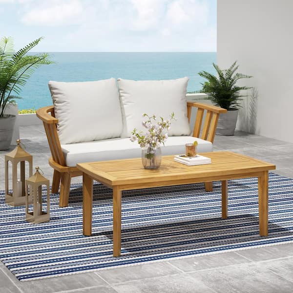 Noble House Solano Teak Brown 2-Piece Wood Outdoor Patio Conversation Set with White Cushions