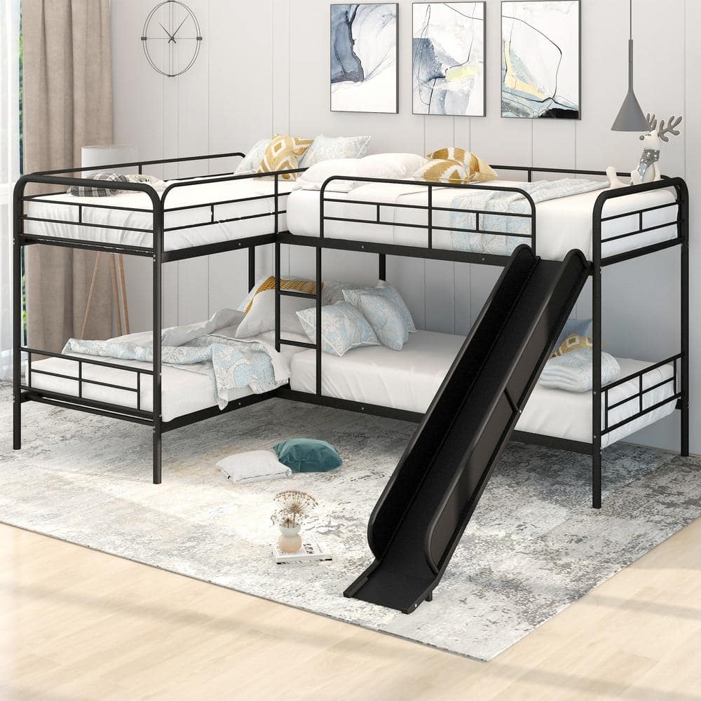 Qualler Black Twin over Twin L-Shaped Bunk Bed with Slide and Ladder ...