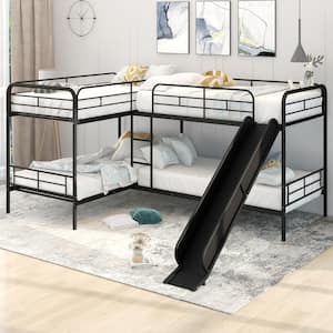 Black Twin over Twin L-Shaped Bunk Bed with Slide and Ladder