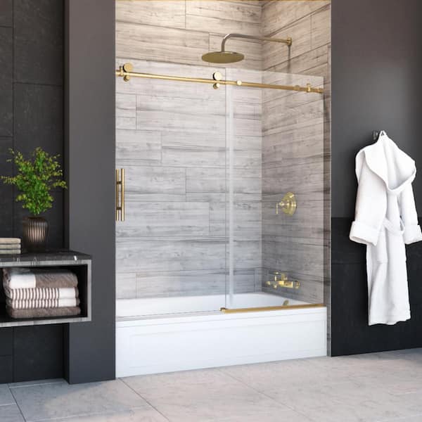 Holcam Eclipse 60 in. W x 60.5 in. H Frameless Bypass Sliding Tub Door in Brushed Gold with Clear Glass