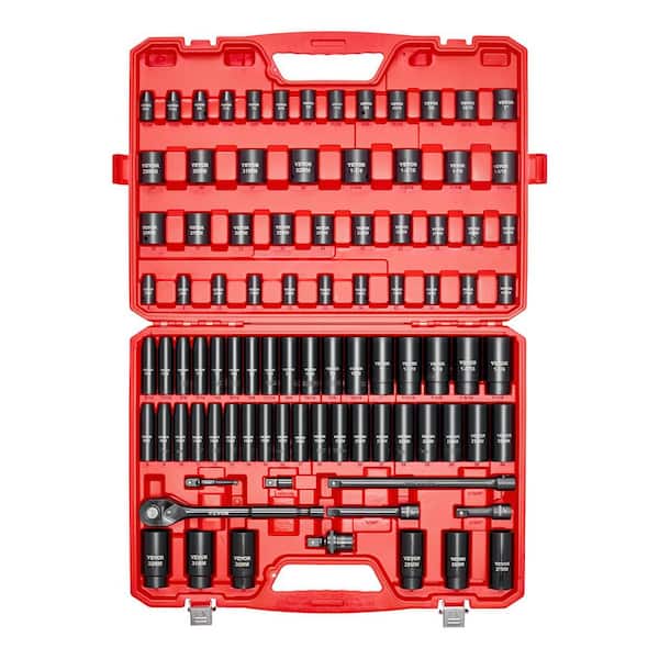 1/2 in.Drive Impact Socket Set, 91Pcs,6-Point Deep and Shallow Sockets, SAE 5/16-1-1/4 in. and Metric 8-32 mm,Cr-V Steel