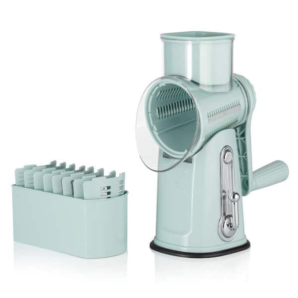 Green Manual Rotary Cheese Grater w/ 5 in 1 Replaceable Stainless Blades, Strong Suction Base Vegetable Slicer w/ Brush