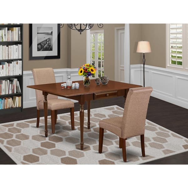 East West Furniture 3-Piece Mahogany Finish Solid Wood Top With Dropleaf Dining Table Set