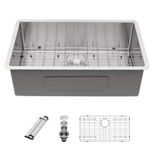 35 in. Undermount Single Bowl 16-Gauge Brushed Nickel Stainless Steel Workstation Kitchen Sink with Bottom Grid