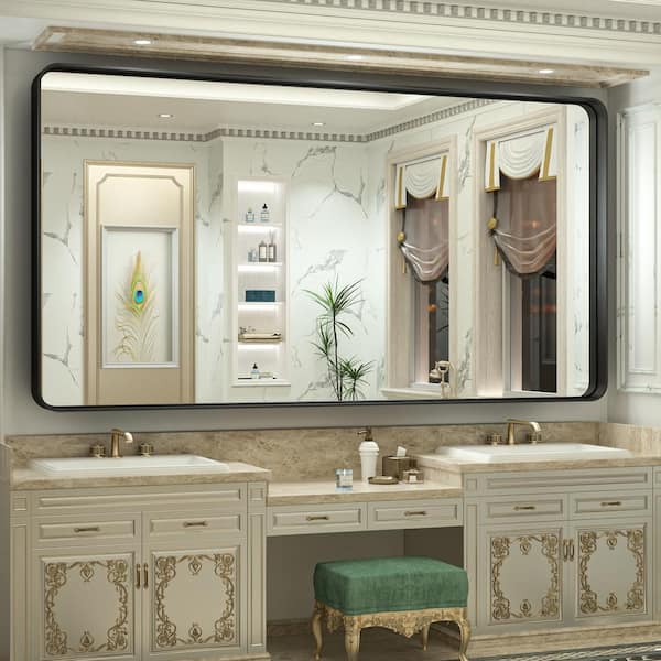 TETOTE 72 in. W x 36 in. H Rectangular Aluminum Framed Wall Mount Bathroom Vanity Mirror in Black