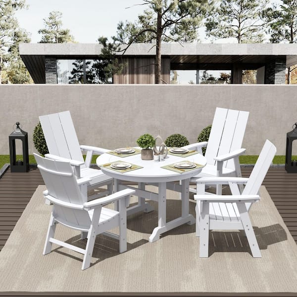 WESTIN OUTDOOR Shoreside Outdoor Patio Weather Resistant Adirondack White 5-Piece HDPE Plastic Round Table Dining Set
