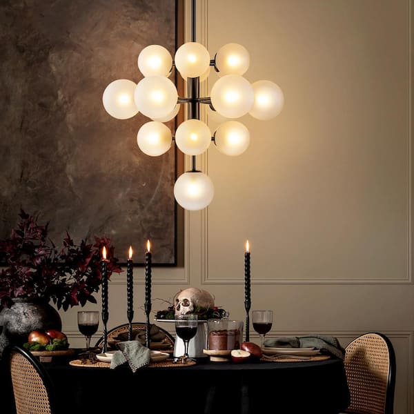 Carmona 19-Light Black Mid-Century Modern Sputnik Atomic Tiered Cluster Globe Bubble Chandelier with Opal Glass Globe