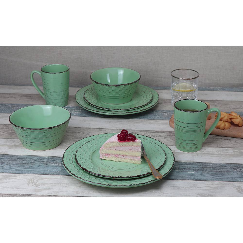 16 Piece Pistachio Green Ceramic Dinnerware Set with Distressed Weave