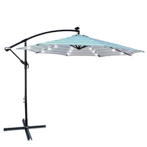 10 ft. Blue Striped Outdoor Patio Cantilever Umbrella Solar LED Shade Waterproof 8 Rib Umbrella w/Crank and Cross Base