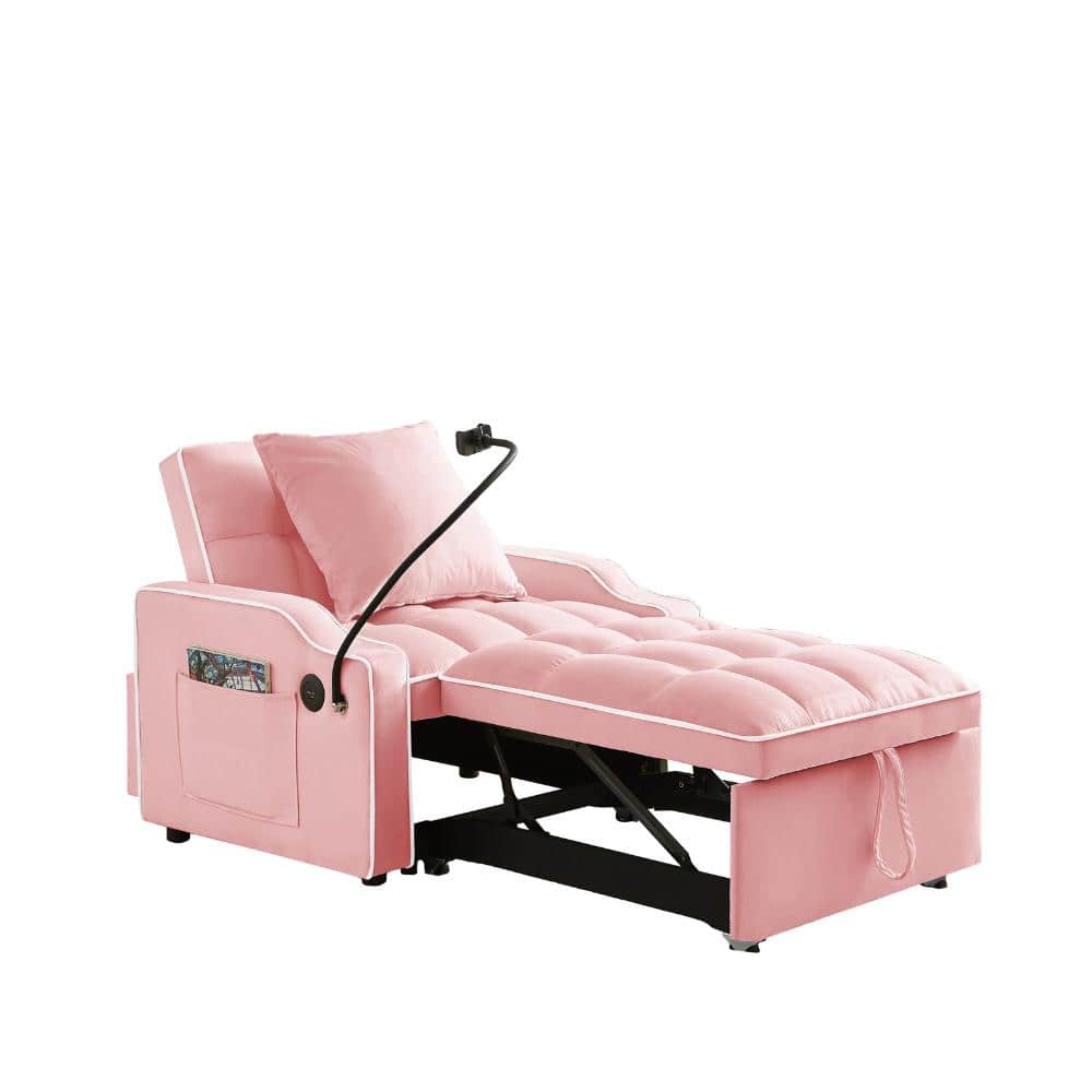 34 in. Pink Velvet Twin Size Sleeper Sofa Bed with Adjustable Backrest & USB Port durable construction