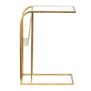 11.75 in. Gold Metal Side Table with Magazine Rack and Glass Top