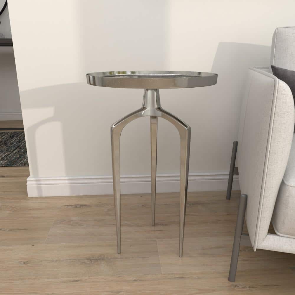 Contemporary Silver Metal Round Side Table with Curved Tripod Base