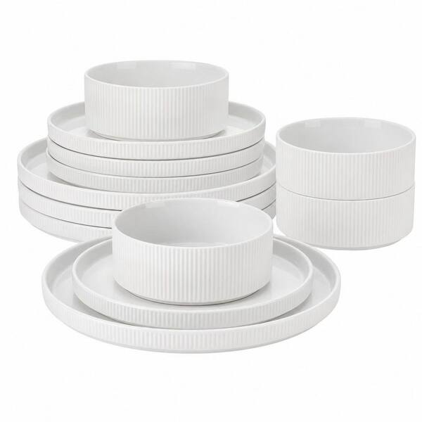 12-Piece White Lightweight Porcelain Dinnerware Set, Service for 4, Scratch Resistant, Microwave Safe, Dishwasher Safe
