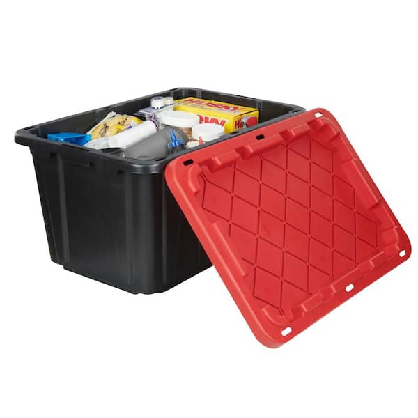 17 Gallon Snap Lid Plastic Storage Tote, Black Base/Red Lid, Set