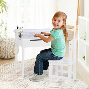 2-Piece Wood Top Toddler Craft Table and Chair Set Kids Art Crafts Table withPaper Roll Holder White