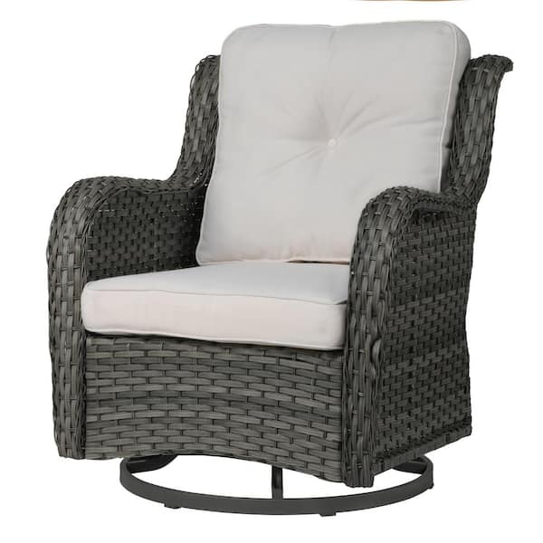 Uixe Wicker Rattan Gray Patio Outdoor Rocking Chair Swivel with Beige Cushions (Set of 1)