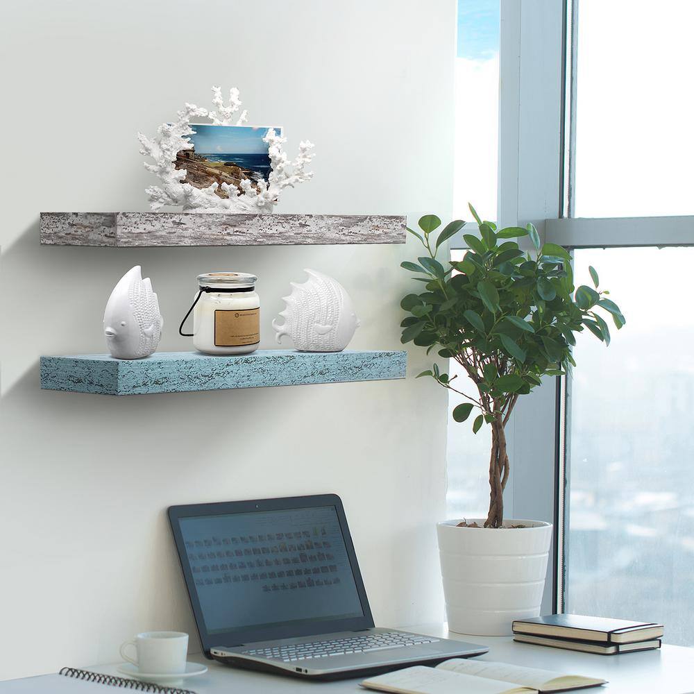 Blue and White Rectangular Floating Wood Shelves Set
