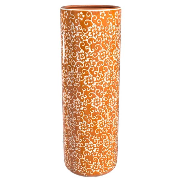 Oriental Furniture 24 in. White Flowers on Orange Umbrella Stand