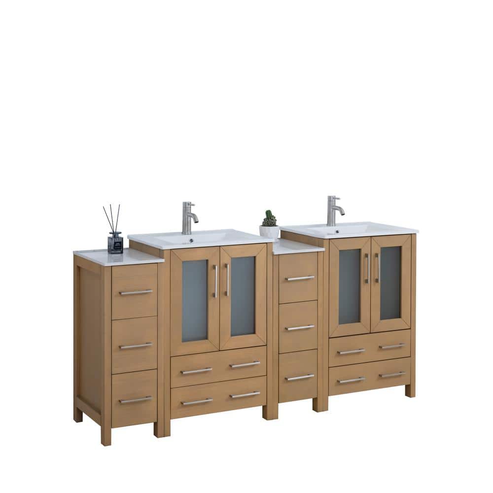 Natural Oak Double Sink Freestanding Bathroom Vanity Set with Ceramic Top and Mirror