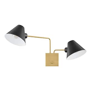 Hitching 33.375 in. 2-Light Aged Brass, Matte Black Accent Wall Sconce