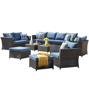 Zeus Brown 12-Piece Wicker Outdoor Patio Conversation Sectional Sofa Set with Blue Cushions