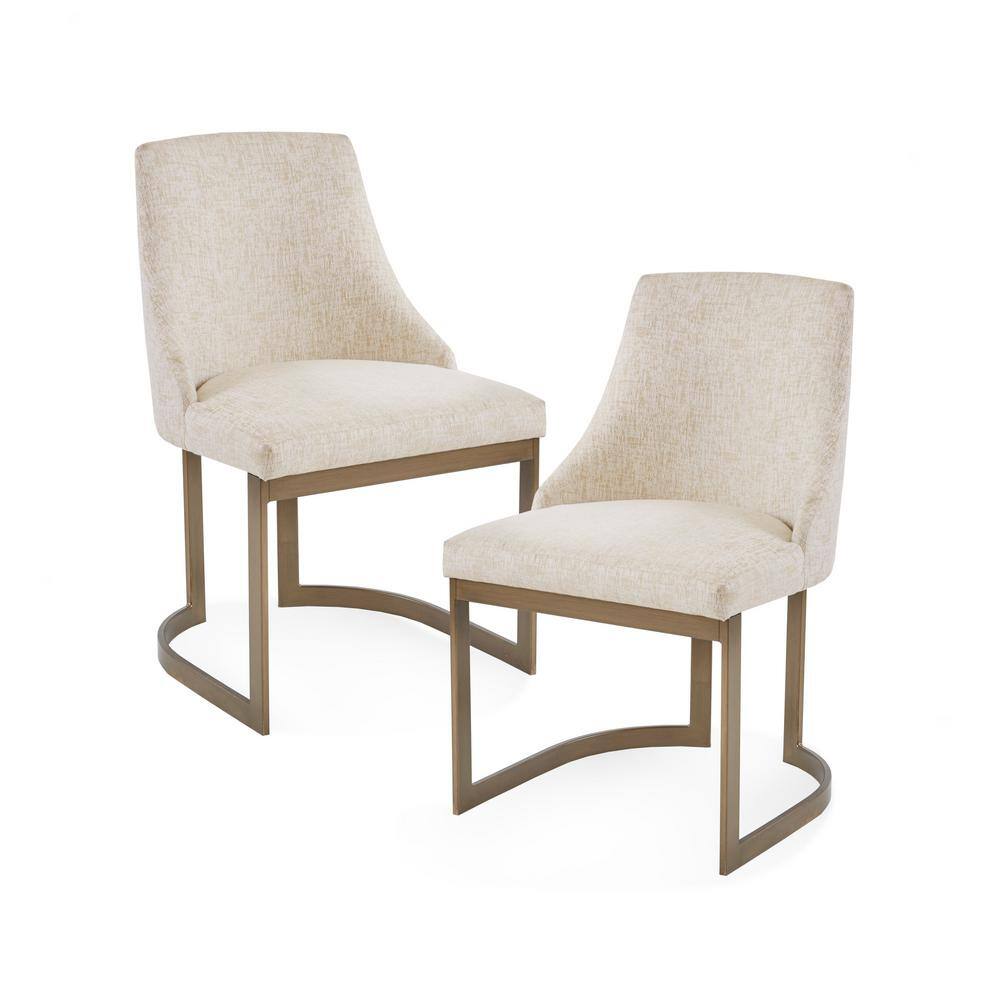 Cream Upholstered Parsons Dining Chairs with Antique Gold Metal Frame, Set of 2