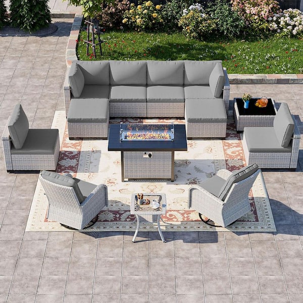 muphyers 13-Piece Wicker Patio Conversation Set with Fire Pit Table and Top Table. Swivel Rocking Chairs with Gray Cushions