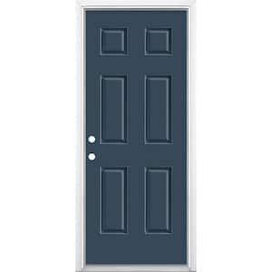 32 in. x 80 in. 6-Panel Night Tide Right-Hand Inswing Painted Smooth Fiberglass Prehung Front Door with Brickmold