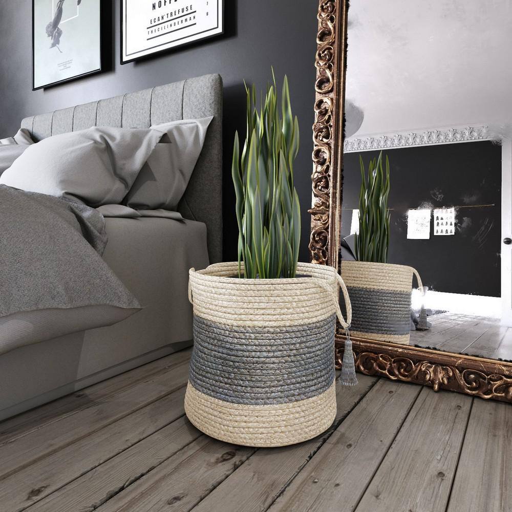 17" Off-White and Gray Jute Round Storage Basket