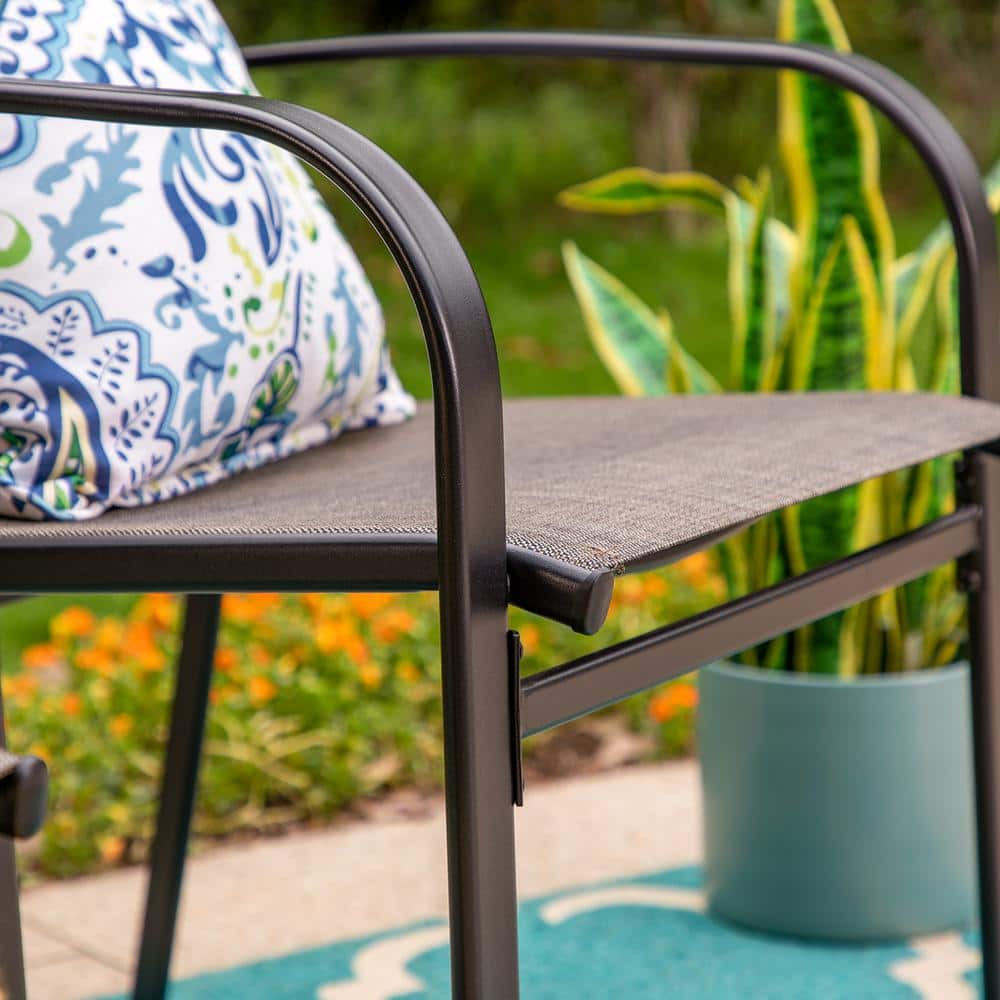 Black Steel Outdoor Dining Armchair with Brown Cushions