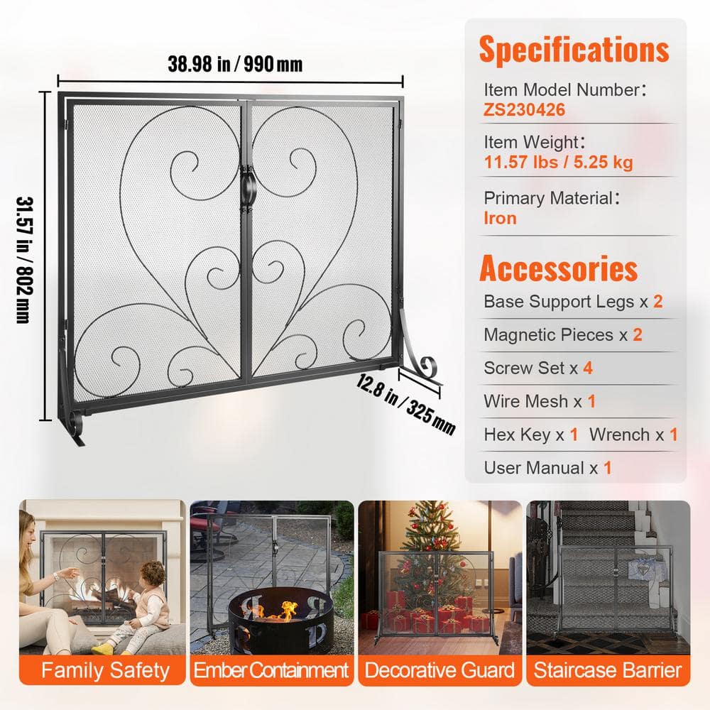 Black Iron Mesh Single Panel Fireplace Screen with Door