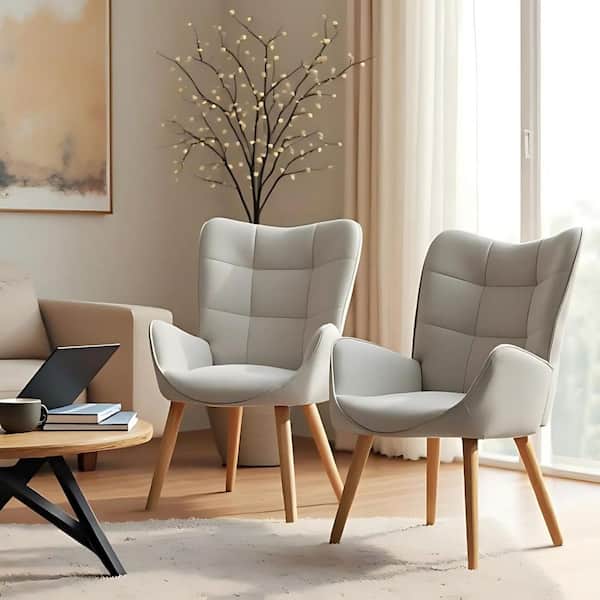 Homy Casa KANAS Modern Accent Wingback Chair, Upholstered in Ivory Fabric, with Ergonomic Support, Mid-Century Style, Set of 2