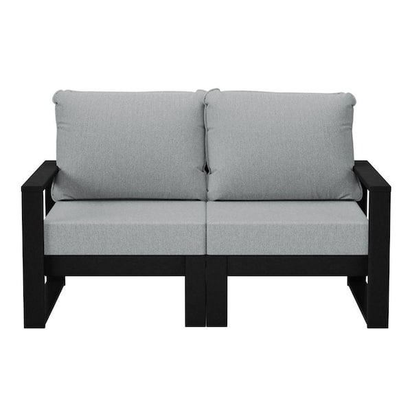 Endless Black Frame HDPE Plastic Outdoor Patio Modern Modular Loveseat with Light Gray Cushions