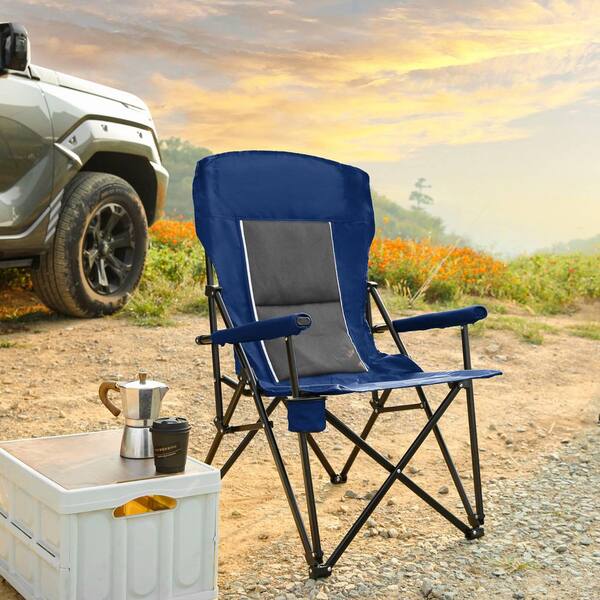 VAMOP Navy Blue Steel Folding Lawn Chair with High Back and Cup