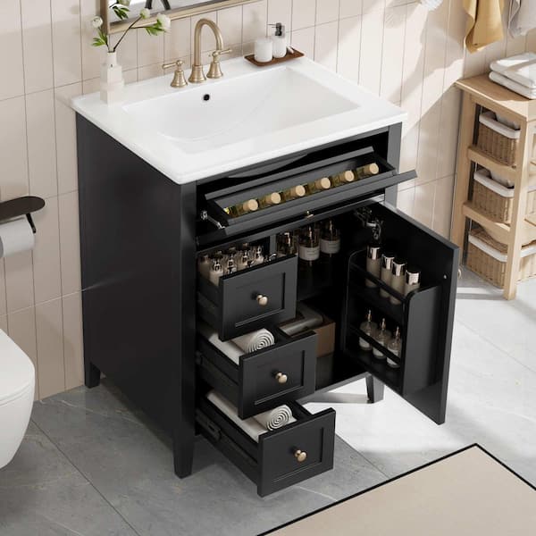24 in. Freestanding Black Bath Vanity with White Ceramic Top, 3-Drawers and Adjustable Shelves