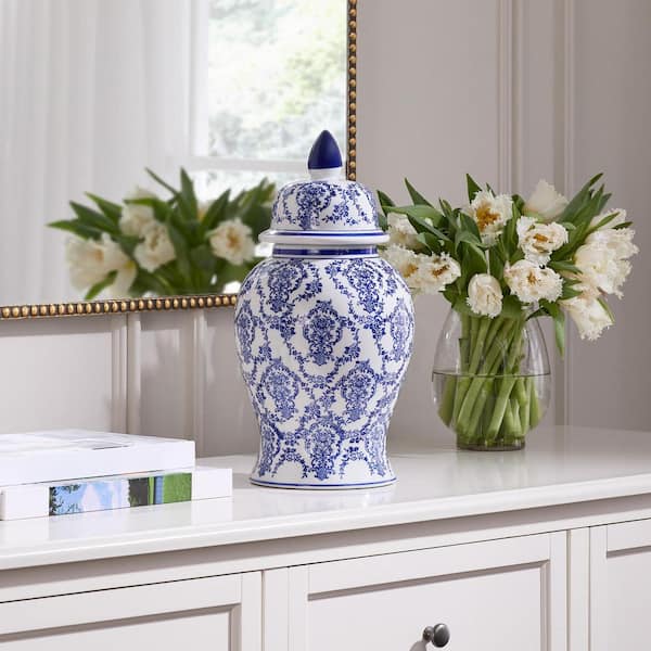 Home Decorators Collection White and Blue Decorative Temple Jar