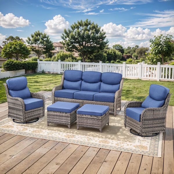 Crescent Gray Swivel Glider Wicker Patio Conversation Set with Blue Olefin 6 in. Thick Cushions/Couch (5-Piece)