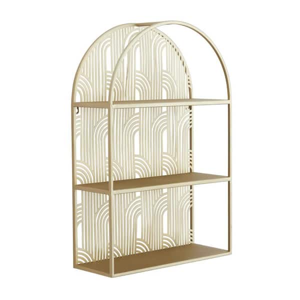 Litton Lane 16 in.  x 24 in. Gold Arched 3 Shelves Metal Wall Shelf