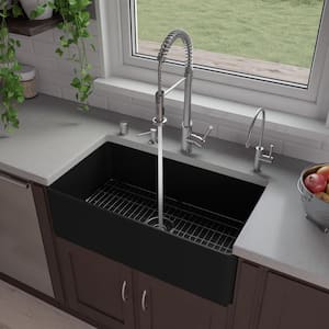Black Matte Fireclay 33 in. Single Bowl Farmhouse Apron Workstation Kitchen Sink